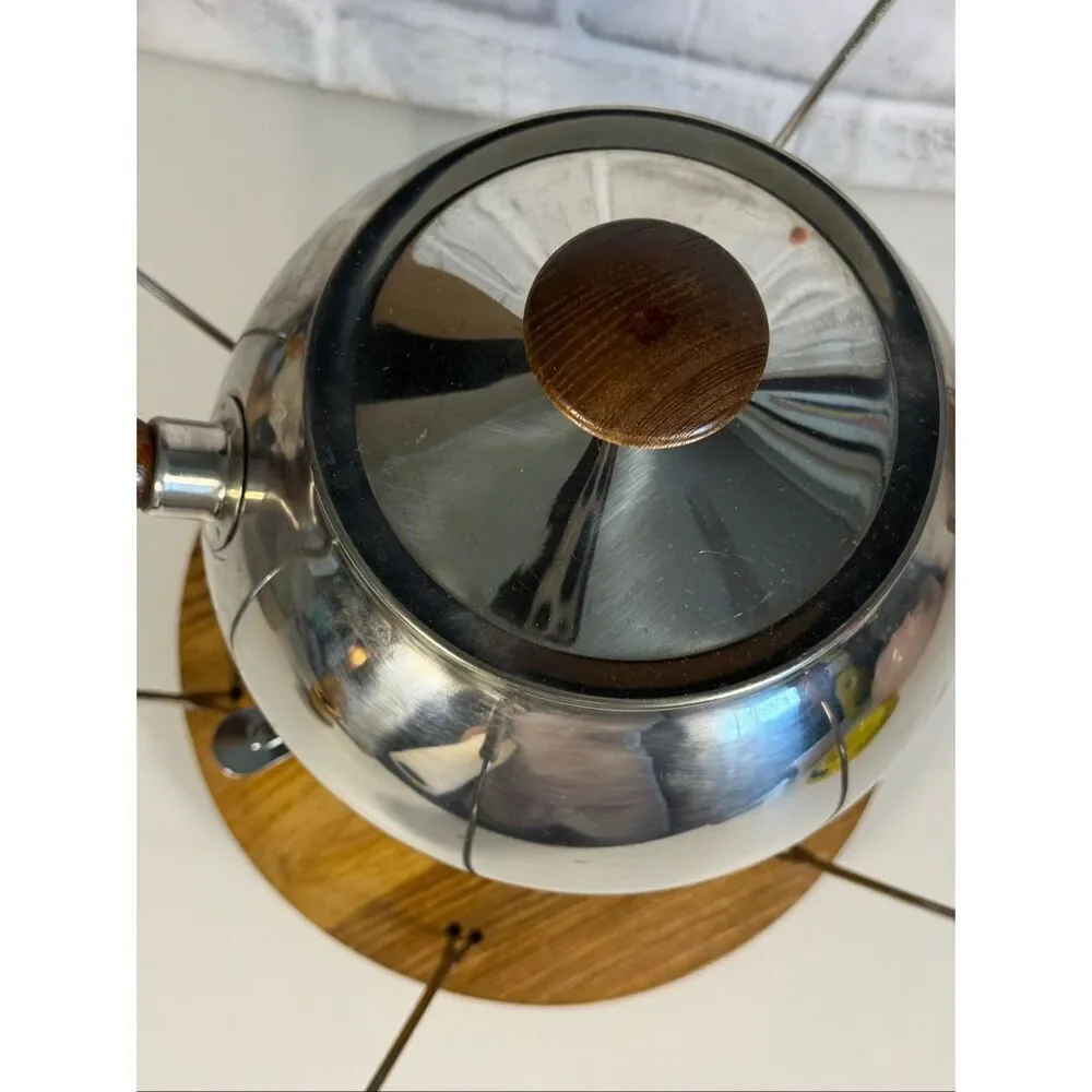 Vintage MCM Fondue Set 18/8 Stainless Steel Wood Mint Condition